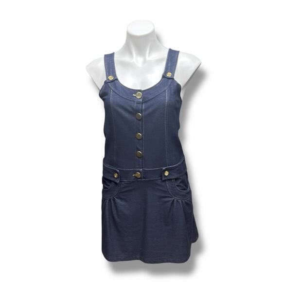 Vintage Y2K Overall Dress Women’s Stretch "Denim" Gold Button Front Pockets Sz L - Picture 3 of 9